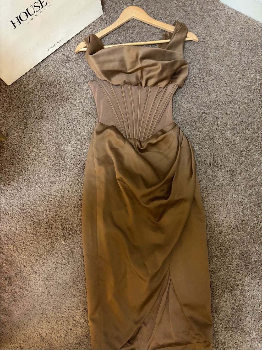 House of CB Lulu Toffee Asymmetric Drape Midi Corset Dress -S - Picture 11 of 15